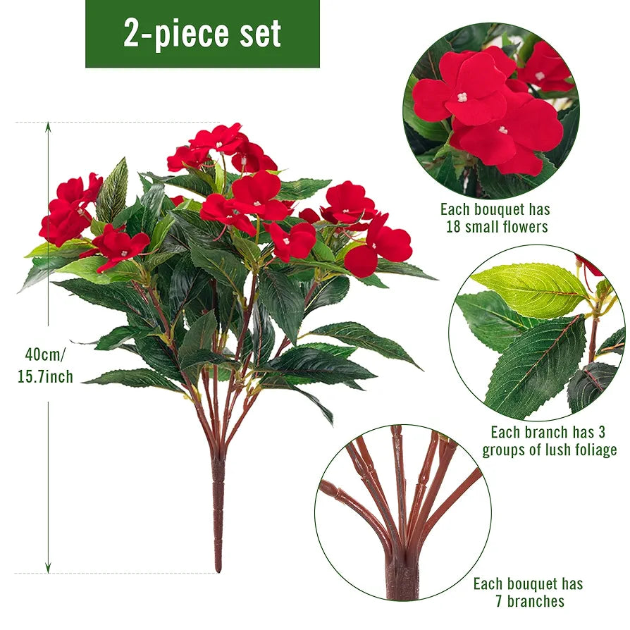 Uqueeten 2 Pieces Artificial Flower Impatiens for Balcony Garden Bonsai Decoration